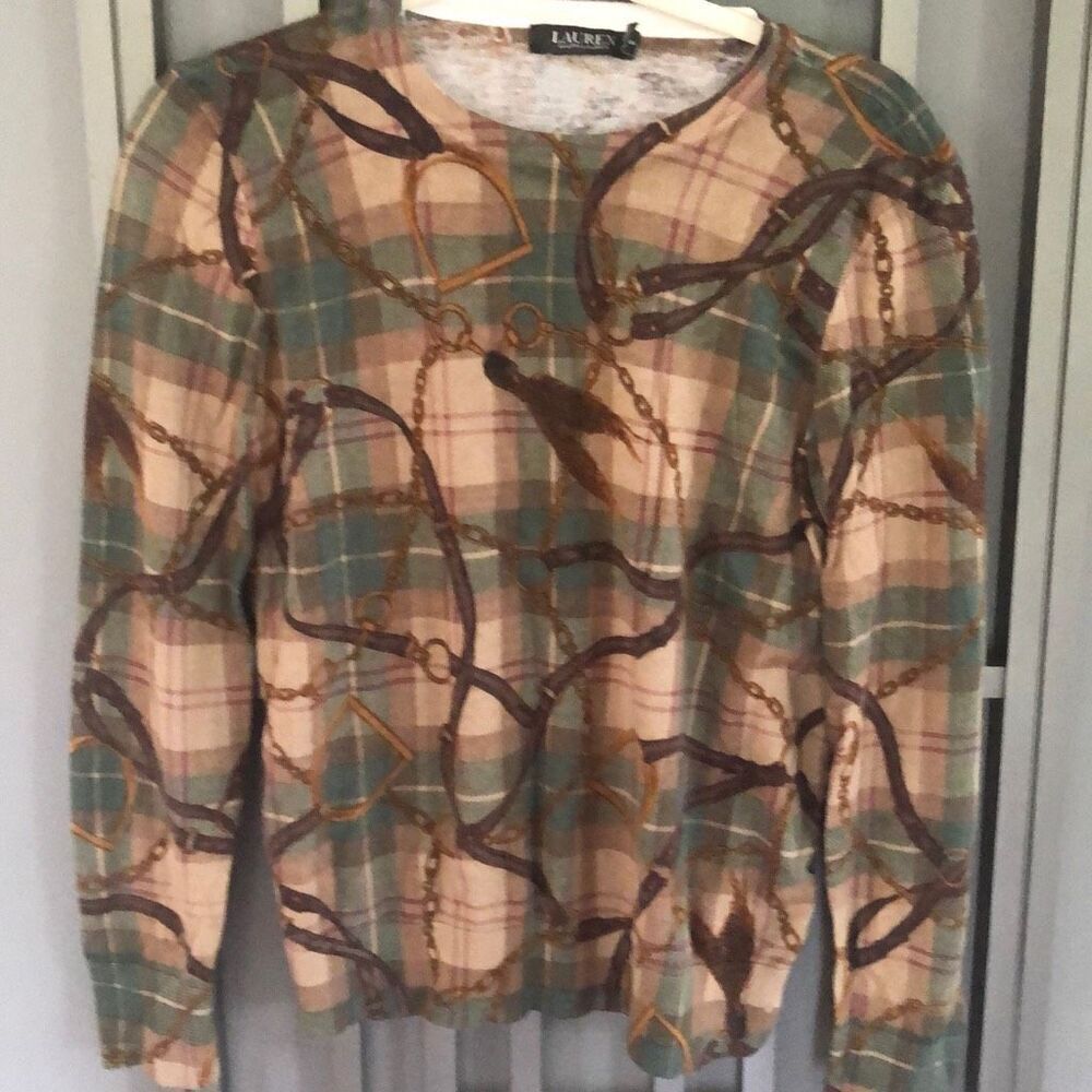 LAUREN Ralph Lauren equestrian bridle stirrup lightweight, sweater, plaid size L